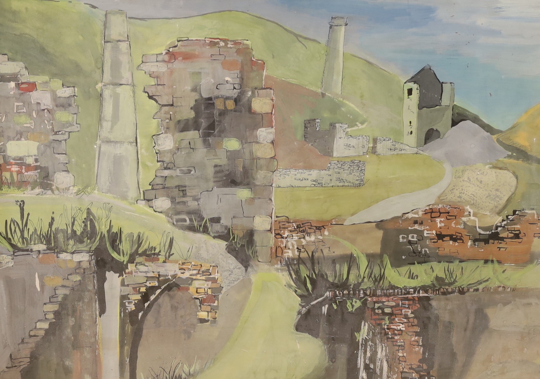 Attributed to Francis Rose (1909-1979), ink and watercolour, 'Colliery ruins in a landscape', 53 x 68cm